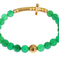 Jade Stone Gold CZ Cross 925 Silver Bracelet