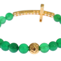 Jade Stone Gold CZ Cross 925 Silver Bracelet