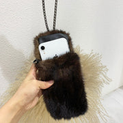 Natural Mink Fur Cell Phone Shoulder Bag 7"H x 4"W