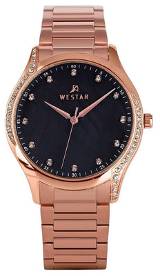 Westar Zing Crystal Accents Rose Gold Tone Stainless Steel Black Mother Of Pearl Dial Quartz 00127ppn613 Women's Watch
