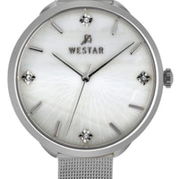 Westar Zing Crystal Accents Stainless Steel Mesh White Mother Of Pearl Dial Quartz 00128stn11 Women's Watch