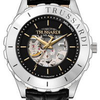 Trussardi T-logo Semi Skeleton Black Dial Leather Strap Automatic R2421143002 Men's Watch