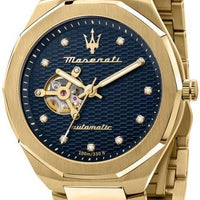 Maserati Stille Diamond Accents Gold Tone Stainless Steel Open Heart Blue Dial Automatic R8823140006 100m Men's Watch