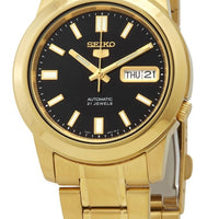 Seiko 5 Gold Tone Stainless Steel Black Dial 21 Jewels Automatic Snkk22k1 Men's Watch