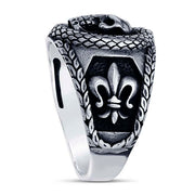 Fleur-de-Lis Sterling Silver Skull & Snake Ring