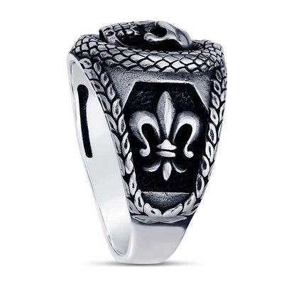 Fleur-de-Lis Sterling Silver Skull & Snake Ring