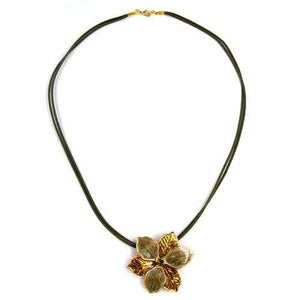 Necklace Flower Olive-gold Enameled 50cm