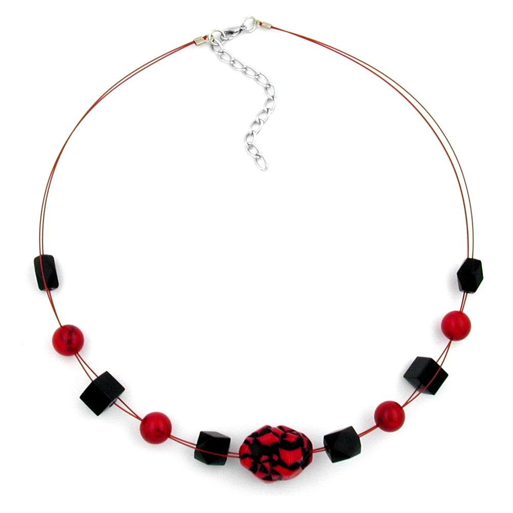 Necklace Red And Black Beads On Coated Flexible Wire