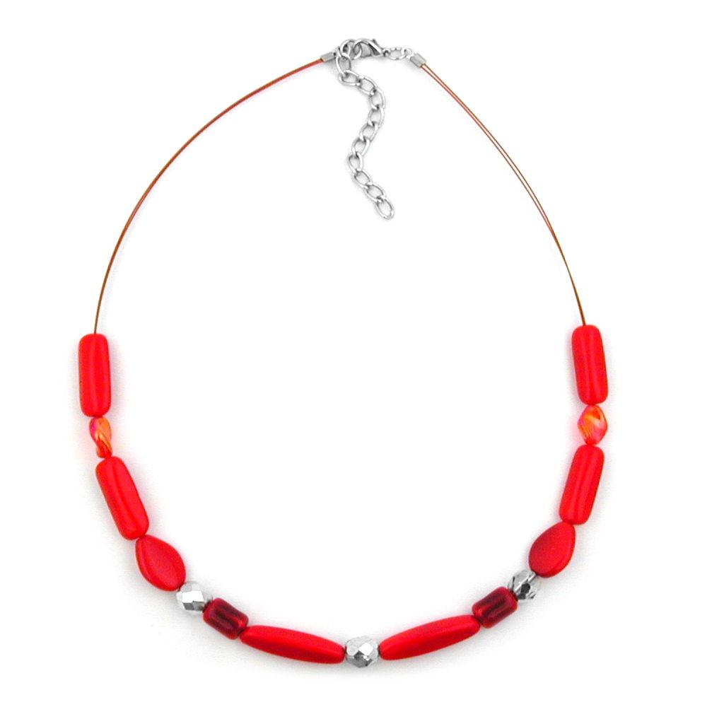 Necklace Red Watered Glass Beads On Coated Flexible Wire