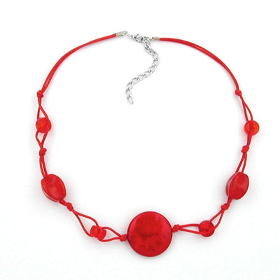 Necklace Red Marbled Beads Red Cord