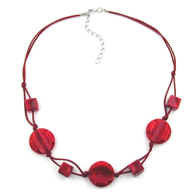 Necklace Red Marbled Beads Red Knotted Cord
