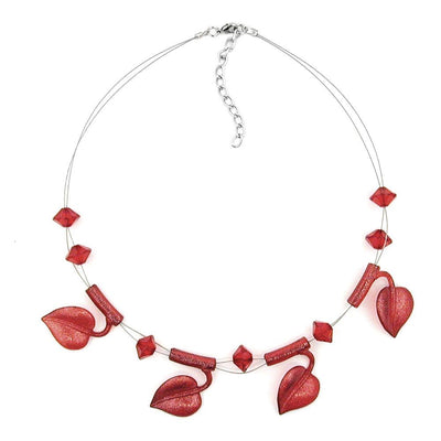 Necklace Leaf Beads Red-coloured On Coated Flexible Wire 44cm