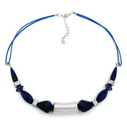 Necklace Grooved Tube Bead Silver Coloured & Blue Beads