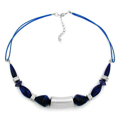 Necklace Grooved Tube Bead Silver Coloured & Blue Beads