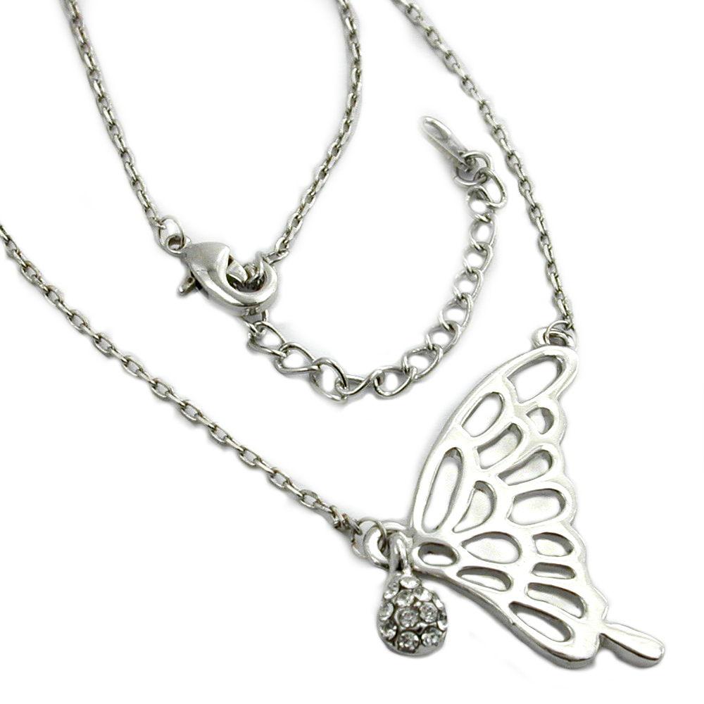 Necklace Pendant Butterfly Wing White Gold Coloured