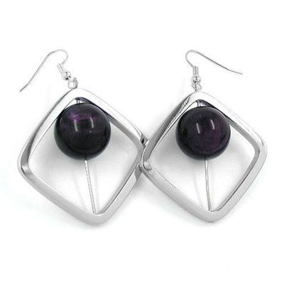 Hook Earrings Square Silver Coloured With Bead Purple