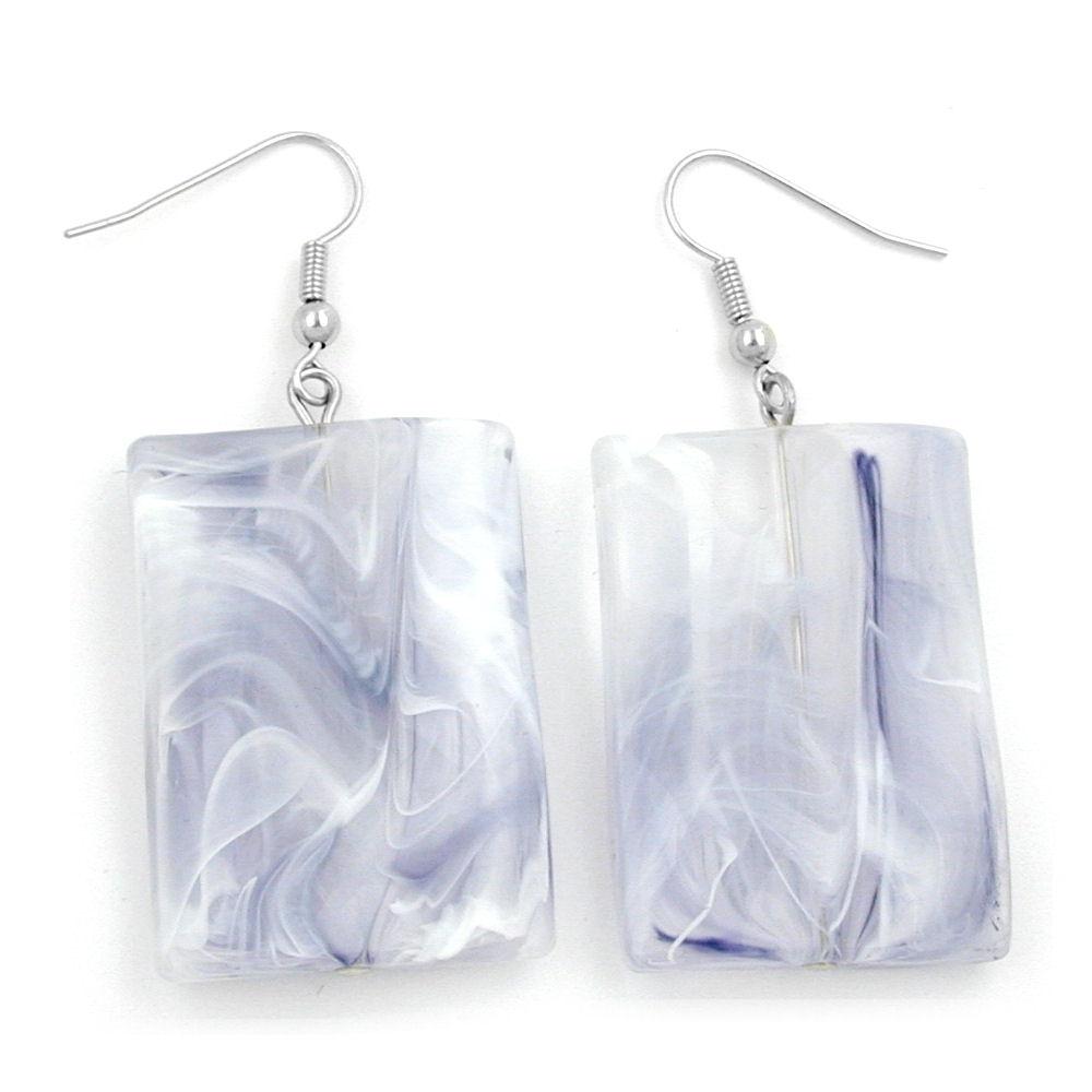 Hook Earrings Grinded Rectangle White Grey Marbled