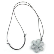 Necklace Big Flower Pendant Grey Cord