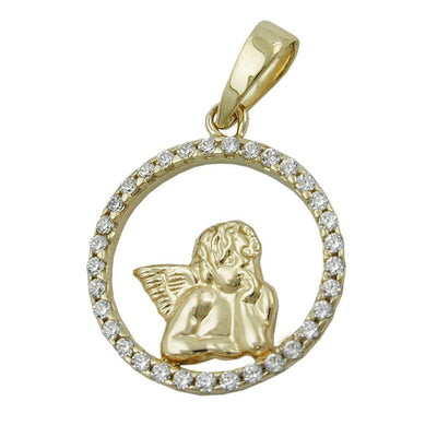 Angel inside Zirconium Circle Charm Pendant, 9k Gold
