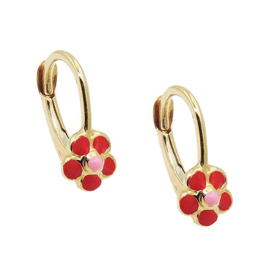 Leverback Earrings Flower Red 9k Gold