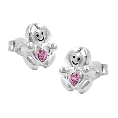 Ear Studs Girl With A Little Pink Heart Silver 925