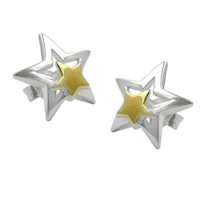Stud Earrings Star Two Tone Silver 925