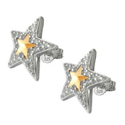 Stud Earrings Stars With Zirconia Two Tone Silver 925