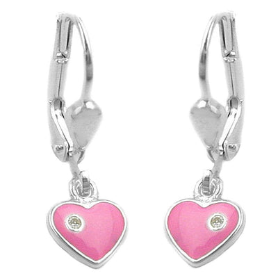 Pink Lacquered Heart Earrings Leverback Silver 925