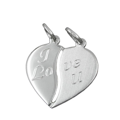 2 Half Heart Charms with words 'I Love U', Silver 925