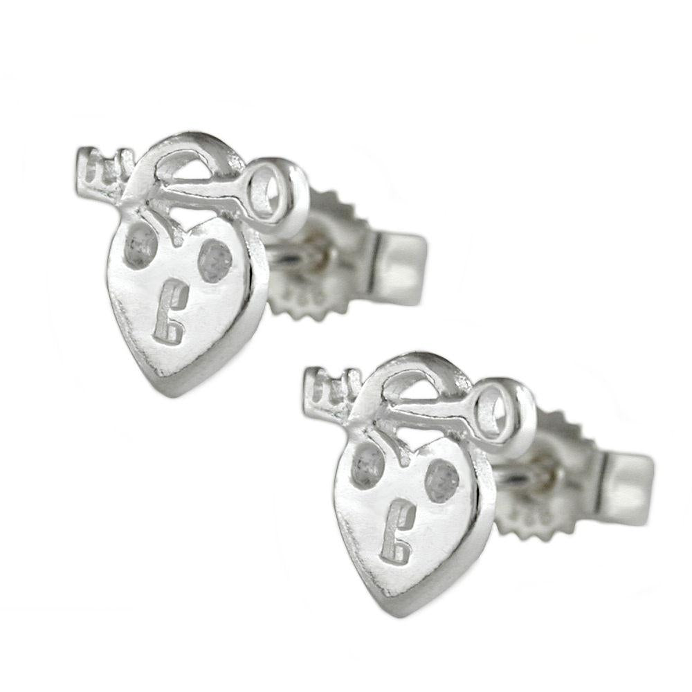 Stud Earrings Heart With Key Silver 925