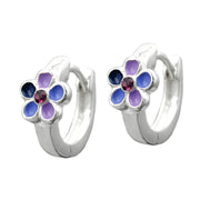 Hoop Earrings Purple Lacquered Flower Silver 925