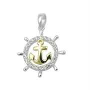 Anchor inside Boat Steering Wheel Charm Pendant with Zirconium, Silver 925