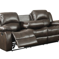 Dark Brown Transitional Leather Gel Reclining Sofa with Drop Down Table