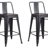 24" Matte Black Distressed Metal Barstool with Back In A Set of 2