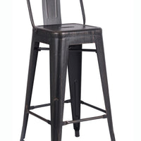 30" Black Distressed Metal Barstool with Back In A Set of 2