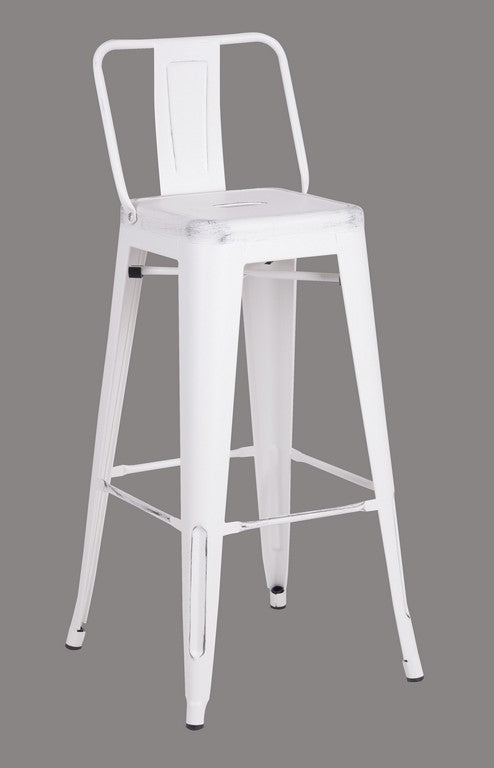 30" White Distressed Metal Barstool with Back In A Set of 2