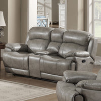 Gray Leather-Like Fabric Reclining Loveseat With Storage Console