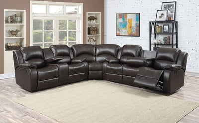 Dark Brown 3pc Leather Gel Sectional With 4 Recliners and storage Console