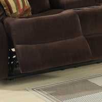 Chocolate Polyester Transitional Love Seat with Storage Console and 2 Cupholders