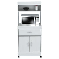 White Finish Wood Microwave Cabinet with Two Doors and Drawer