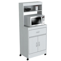 White Finish Wood Microwave Cabinet with Two Doors and Drawer