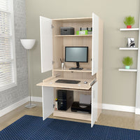 White and Natural Finish Wood Computer Hutch Desk