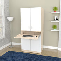 White and Natural Finish Wood Computer Hutch Desk