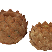 Beautiful Artichoke Replica Stone Ware Candle Holder Set Of Two In Rust Brown