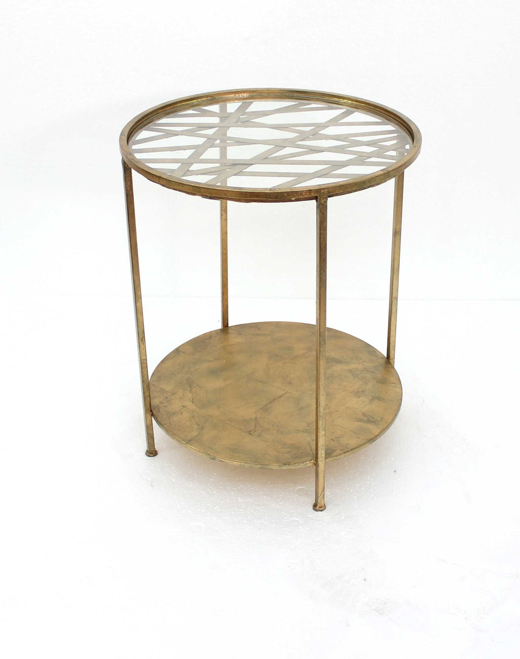 24" X 20" X 20" Gold Industrial Round End Table With Rimmed Glass Top