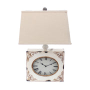22" X 22" X 7" White Vintage Table Lamp With Metal Clock Base