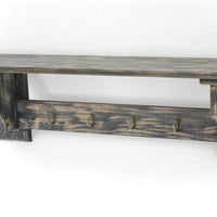 9.75" X 8" X 30" Black Vintage Wooden Wall Shelf With 4 Metal Hooks