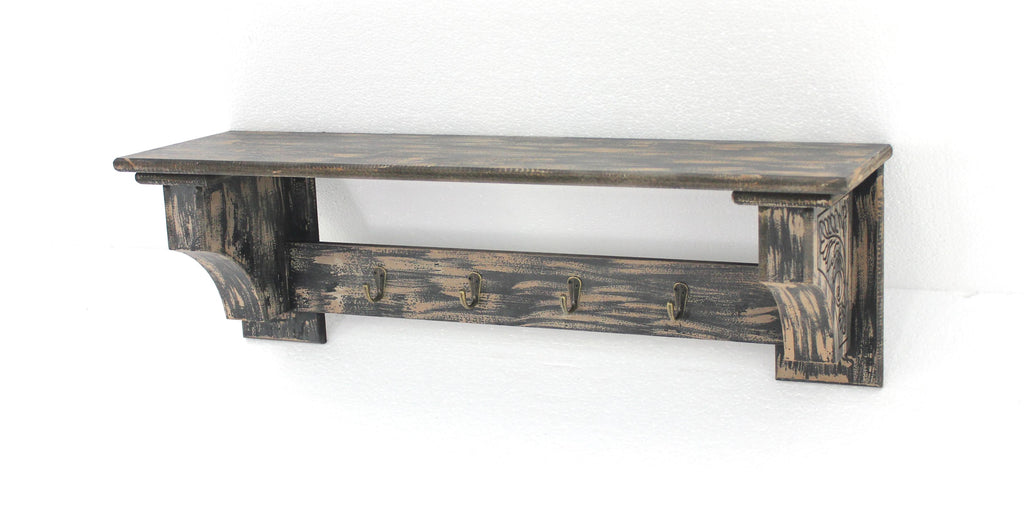 9.75" X 8" X 30" Black Vintage Wooden Wall Shelf With 4 Metal Hooks