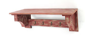 9.75" X 8" X 30" Red Vintage Wooden Wall Shelf With 4 Metal Hooks