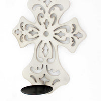 11.25" X 15.5" X 5" White Traditional Wooden Cross Candle Holder Sconce